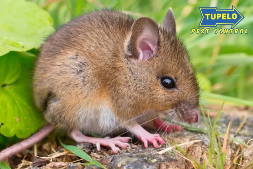 Wood mouse siiting on log sideview